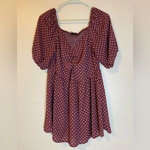 Suzanne Betro Burgundy Polka Dot Smocked Puff Sleeve Babydoll Tunic Top M